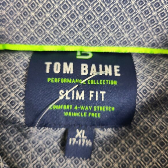 Tom Baine Performance Collection Slim Stretch Navy Blue Print Shirt XL 17-17 1/2 - Picture 5 of 7